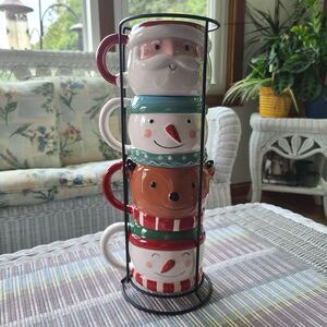 Holiday Time Santa Snowman & Reindeer Mix Stackable Stoneware Mug Set Metal Rack